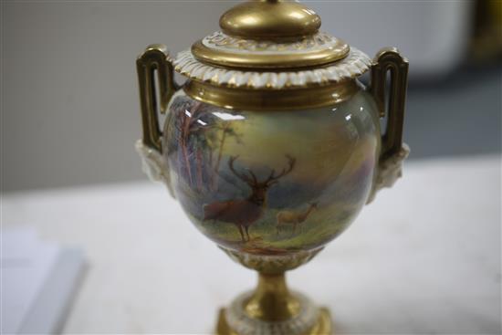A Royal Worcester stag & doe vase and cover, painted by Harry Stinton, 20.5cm, restorations